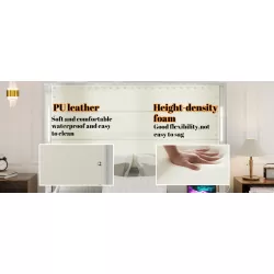 Queen Size Bed Frame with Upholstered Headboard and  4 Storage Drawers , Queen Bed Frame with Charging Station and LED Lights, Wood Slats, Beige Faux Leather & Rivets, No Box Spring Needed