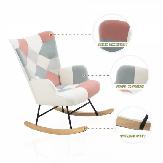 Rocking Chair with ottoman, Mid Century Fabric Rocker Chair with Wood Legs and Patchwork Linen for Livingroom Bedroom Rocking Chair with ottoman, Mid Century Fabric Rocker Chair with Wood Legs and Patchwork Linen for Livingroom Bedroom