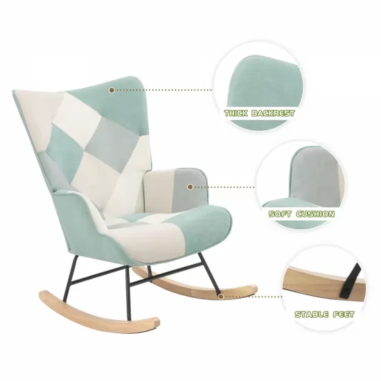 Rocking Chair with ottoman, Mid Century Fabric Rocker Chair with Wood Legs and Patchwork Linen for Livingroom Bedroom Rocking Chair with ottoman, Mid Century Fabric Rocker Chair with Wood Legs and Patchwork Linen for Livingroom Bedroom