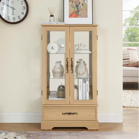Glass Cabinet Lighted Glass Cabinet Curio Display Cabinet with Adjustable Glass Shelves 2 Doors and 1 drawer Cabinet Bulb Included OAK Glass Cabinet Lighted Glass Cabinet Curio Display Cabinet with Adjustable Glass Shelves 2 Doors and 1 drawer Cabinet Bulb Included OAK