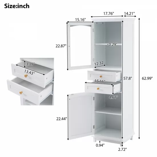 Tall Bathroom Storage Cabinet with Glass Doors, Free-Standing, Two Drawers, and Adjustable Shelves, MDF Board, Painted white - Perfect for Displaying Your Favorite Items Tall Bathroom Storage Cabinet with Glass Doors, Free-Standing, Two Drawers, and Adjustable Shelves, MDF Board, Painted white - Perfect for Displaying Your Favorite Items
