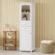 Tall Bathroom Storage Cabinet with Glass Doors, Free-Standing, Two Drawers, and Adjustable Shelves, MDF Board, Painted white - Perfect for Displaying Your Favorite Items Tall Bathroom Storage Cabinet with Glass Doors, Free-Standing, Two Drawers, and Adjustable Shelves, MDF Board, Painted white - Perfect for Displaying Your Favorite Items