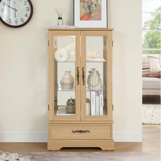 Glass Cabinet Lighted Glass Cabinet Curio Display Cabinet with Adjustable Glass Shelves 2 Doors and 1 drawer Cabinet Bulb Included OAK Glass Cabinet Lighted Glass Cabinet Curio Display Cabinet with Adjustable Glass Shelves 2 Doors and 1 drawer Cabinet Bulb Included OAK
