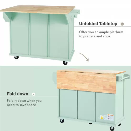 Kitchen Cart with Rubber wood Drop-Leaf Countertop ,Cabinet door internal storage racks,Kitchen Island on 5 Wheels with Storage Cabinet and 3 Drawers for Dinning Room, Mint Green Kitchen Cart with Rubber wood Drop-Leaf Countertop ,Cabinet door internal storage racks,Kitchen Island on 5 Wheels with Storage Cabinet and 3 Drawers for Dinning Room, Mint Green