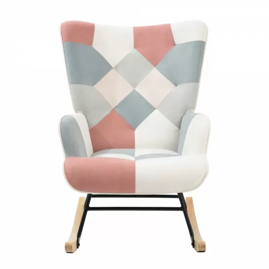 Rocking Chair with ottoman, Mid Century Fabric Rocker Chair with Wood Legs and Patchwork Linen for Livingroom Bedroom Rocking Chair with ottoman, Mid Century Fabric Rocker Chair with Wood Legs and Patchwork Linen for Livingroom Bedroom