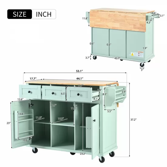 Kitchen Cart with Rubber wood Drop-Leaf Countertop ,Cabinet door internal storage racks,Kitchen Island on 5 Wheels with Storage Cabinet and 3 Drawers for Dinning Room, Mint Green Kitchen Cart with Rubber wood Drop-Leaf Countertop ,Cabinet door internal storage racks,Kitchen Island on 5 Wheels with Storage Cabinet and 3 Drawers for Dinning Room, Mint Green