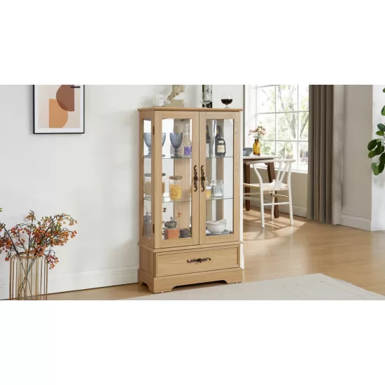 Glass Cabinet Lighted Glass Cabinet Curio Display Cabinet with Adjustable Glass Shelves 2 Doors and 1 drawer Cabinet Bulb Included OAK Glass Cabinet Lighted Glass Cabinet Curio Display Cabinet with Adjustable Glass Shelves 2 Doors and 1 drawer Cabinet Bulb Included OAK