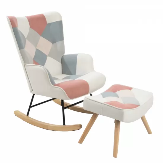 Rocking Chair with ottoman, Mid Century Fabric Rocker Chair with Wood Legs and Patchwork Linen for Livingroom Bedroom Rocking Chair with ottoman, Mid Century Fabric Rocker Chair with Wood Legs and Patchwork Linen for Livingroom Bedroom