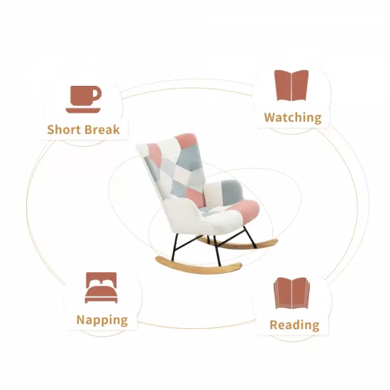 Rocking Chair with ottoman, Mid Century Fabric Rocker Chair with Wood Legs and Patchwork Linen for Livingroom Bedroom Rocking Chair with ottoman, Mid Century Fabric Rocker Chair with Wood Legs and Patchwork Linen for Livingroom Bedroom