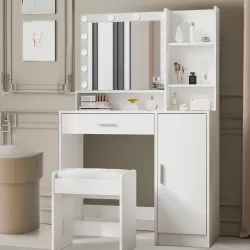 Vanity Desk with Mirror & Light, Large Drawer Three Level Storage Dresser, 3 Lighting Modes Adjustable Brightness, Bedroom Dressing Table (White with Stool) Vanity Desk with Mirror & Light, Large Drawer Three Level Storage Dresser, 3 Lighting Modes Adjustable Brightness, Bedroom Dressing Table (White with Stool)