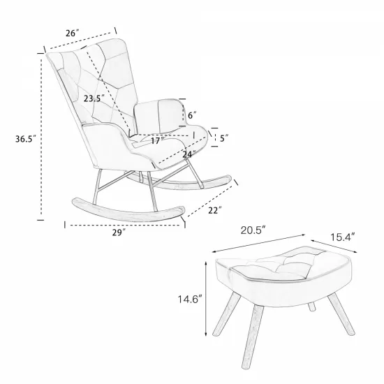 Rocking Chair with ottoman, Mid Century Fabric Rocker Chair with Wood Legs and Patchwork Linen for Livingroom Bedroom Rocking Chair with ottoman, Mid Century Fabric Rocker Chair with Wood Legs and Patchwork Linen for Livingroom Bedroom
