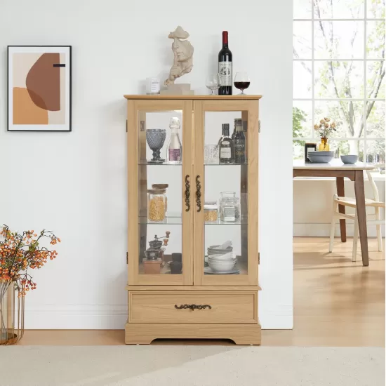Glass Cabinet Lighted Glass Cabinet Curio Display Cabinet with Adjustable Glass Shelves 2 Doors and 1 drawer Cabinet Bulb Included OAK Glass Cabinet Lighted Glass Cabinet Curio Display Cabinet with Adjustable Glass Shelves 2 Doors and 1 drawer Cabinet Bulb Included OAK