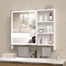 Modern 32x28inches bathroom cabinets, medicine cabinets with mirrors and LED lights, bathroom lockers with multilevel storage compartments and towel rails Modern 32x28inches bathroom cabinets, medicine cabinets with mirrors and LED lights, bathroom lockers with multilevel storage compartments and towel rails