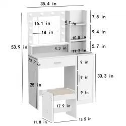 Vanity Desk with Mirror & Light, Large Drawer Three Level Storage Dresser, 3 Lighting Modes Adjustable Brightness, Bedroom Dressing Table (White with Stool) Vanity Desk with Mirror & Light, Large Drawer Three Level Storage Dresser, 3 Lighting Modes Adjustable Brightness, Bedroom Dressing Table (White with Stool)