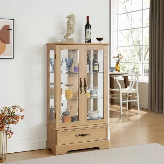 Glass Cabinet Lighted Glass Cabinet Curio Display Cabinet with Adjustable Glass Shelves 2 Doors and 1 drawer Cabinet Bulb Included OAK Glass Cabinet Lighted Glass Cabinet Curio Display Cabinet with Adjustable Glass Shelves 2 Doors and 1 drawer Cabinet Bulb Included OAK