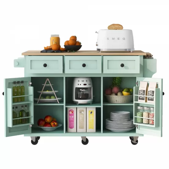 Kitchen Cart with Rubber wood Drop-Leaf Countertop ,Cabinet door internal storage racks,Kitchen Island on 5 Wheels with Storage Cabinet and 3 Drawers for Dinning Room, Mint Green Kitchen Cart with Rubber wood Drop-Leaf Countertop ,Cabinet door internal storage racks,Kitchen Island on 5 Wheels with Storage Cabinet and 3 Drawers for Dinning Room, Mint Green