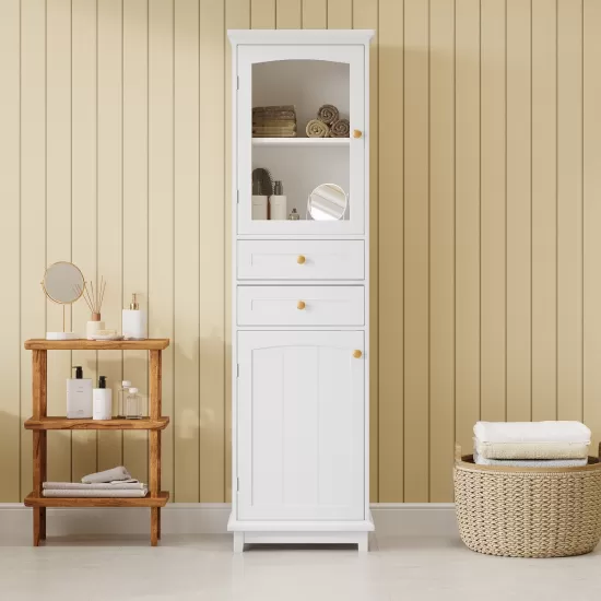 Tall Bathroom Storage Cabinet with Glass Doors, Free-Standing, Two Drawers, and Adjustable Shelves, MDF Board, Painted white - Perfect for Displaying Your Favorite Items Tall Bathroom Storage Cabinet with Glass Doors, Free-Standing, Two Drawers, and Adjustable Shelves, MDF Board, Painted white - Perfect for Displaying Your Favorite Items