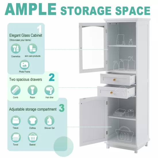 Tall Bathroom Storage Cabinet with Glass Doors, Free-Standing, Two Drawers, and Adjustable Shelves, MDF Board, Painted white - Perfect for Displaying Your Favorite Items Tall Bathroom Storage Cabinet with Glass Doors, Free-Standing, Two Drawers, and Adjustable Shelves, MDF Board, Painted white - Perfect for Displaying Your Favorite Items