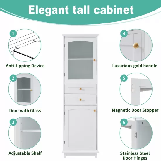 Tall Bathroom Storage Cabinet with Glass Doors, Free-Standing, Two Drawers, and Adjustable Shelves, MDF Board, Painted white - Perfect for Displaying Your Favorite Items Tall Bathroom Storage Cabinet with Glass Doors, Free-Standing, Two Drawers, and Adjustable Shelves, MDF Board, Painted white - Perfect for Displaying Your Favorite Items