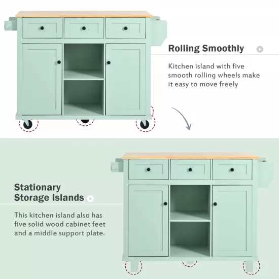 Kitchen Cart with Rubber wood Drop-Leaf Countertop ,Cabinet door internal storage racks,Kitchen Island on 5 Wheels with Storage Cabinet and 3 Drawers for Dinning Room, Mint Green Kitchen Cart with Rubber wood Drop-Leaf Countertop ,Cabinet door internal storage racks,Kitchen Island on 5 Wheels with Storage Cabinet and 3 Drawers for Dinning Room, Mint Green