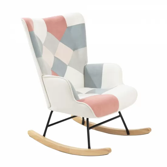 Rocking Chair with ottoman, Mid Century Fabric Rocker Chair with Wood Legs and Patchwork Linen for Livingroom Bedroom Rocking Chair with ottoman, Mid Century Fabric Rocker Chair with Wood Legs and Patchwork Linen for Livingroom Bedroom