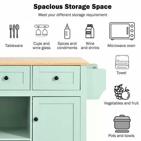 Kitchen Cart with Rubber wood Drop-Leaf Countertop ,Cabinet door internal storage racks,Kitchen Island on 5 Wheels with Storage Cabinet and 3 Drawers for Dinning Room, Mint Green Kitchen Cart with Rubber wood Drop-Leaf Countertop ,Cabinet door internal storage racks,Kitchen Island on 5 Wheels with Storage Cabinet and 3 Drawers for Dinning Room, Mint Green