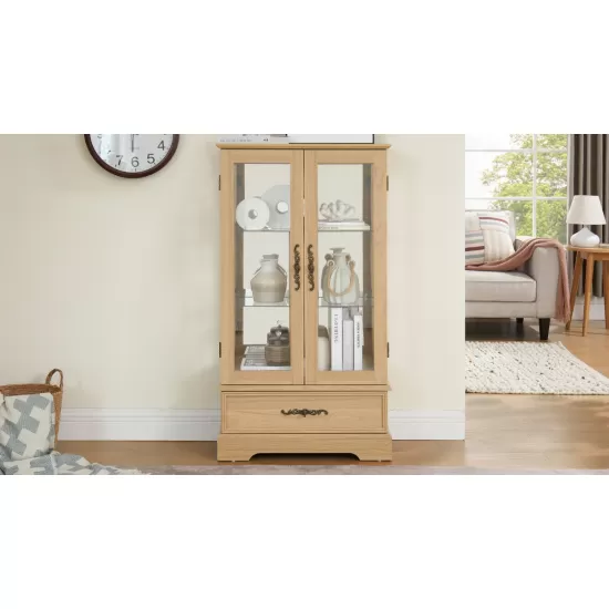 Glass Cabinet Lighted Glass Cabinet Curio Display Cabinet with Adjustable Glass Shelves 2 Doors and 1 drawer Cabinet Bulb Included OAK Glass Cabinet Lighted Glass Cabinet Curio Display Cabinet with Adjustable Glass Shelves 2 Doors and 1 drawer Cabinet Bulb Included OAK