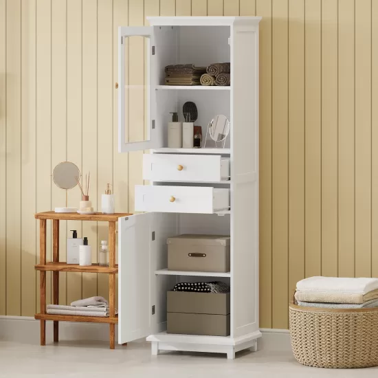 Tall Bathroom Storage Cabinet with Glass Doors, Free-Standing, Two Drawers, and Adjustable Shelves, MDF Board, Painted white - Perfect for Displaying Your Favorite Items Tall Bathroom Storage Cabinet with Glass Doors, Free-Standing, Two Drawers, and Adjustable Shelves, MDF Board, Painted white - Perfect for Displaying Your Favorite Items