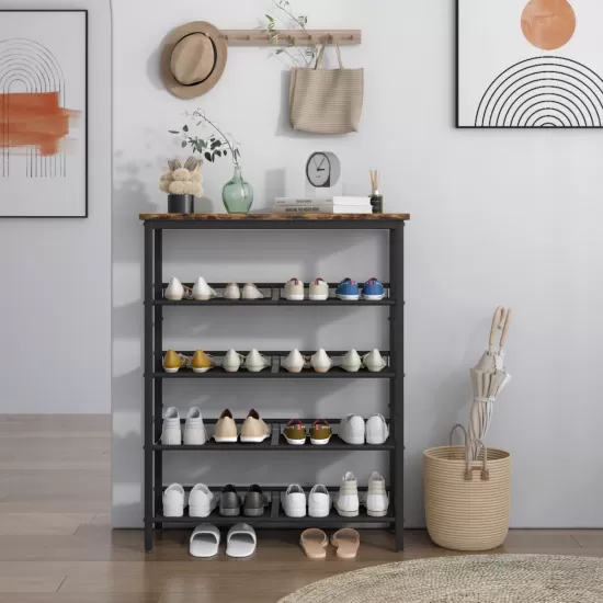 Industrial shoe rack, adjustable country style 5-layer shoe rack storage rack, with 4 mesh shelves, suitable for entrance, living room, bedroom and porch Industrial shoe rack, adjustable country style 5-layer shoe rack storage rack, with 4 mesh shelves, suitable for entrance, living room, bedroom and porch