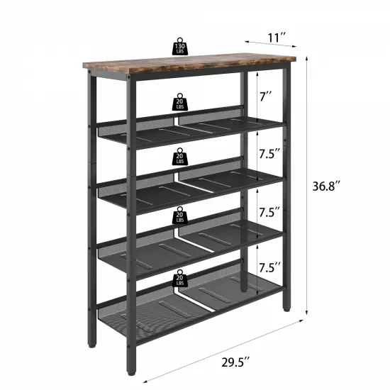 Industrial shoe rack, adjustable country style 5-layer shoe rack storage rack, with 4 mesh shelves, suitable for entrance, living room, bedroom and porch Industrial shoe rack, adjustable country style 5-layer shoe rack storage rack, with 4 mesh shelves, suitable for entrance, living room, bedroom and porch
