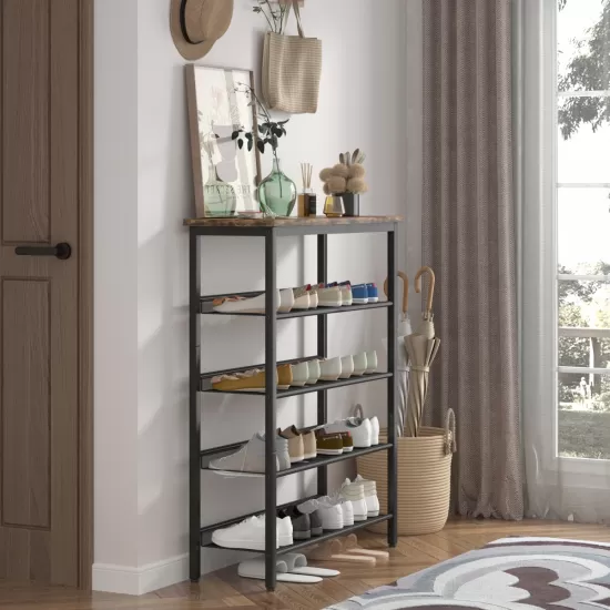 Industrial shoe rack, adjustable country style 5-layer shoe rack storage rack, with 4 mesh shelves, suitable for entrance, living room, bedroom and porch Industrial shoe rack, adjustable country style 5-layer shoe rack storage rack, with 4 mesh shelves, suitable for entrance, living room, bedroom and porch
