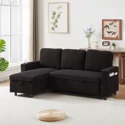 FX78.7 Inch Comfortable Corduroy L-Shaped Combo Sofa Bed, Living Room Furniture Set for Tight Spaces, Reversible Sleeper Combo Sofa with Pullout Bed, Reversible Sofa Bed for Living Room, W1926S00010