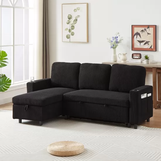 FX78.7 Inch Comfortable Corduroy L-Shaped Combo Sofa Bed, Living Room Furniture Set for Tight Spaces, Reversible Sleeper Combo Sofa with Pullout Bed, Reversible Sofa Bed for Living Room, W1926S00010 FX78.7 Inch Comfortable Corduroy L-Shaped Combo Sofa Bed, Living Room Furniture Set for Tight Spaces, Reversible Sleeper Combo Sofa with Pullout Bed, Reversible Sofa Bed for Living Room, W1926S00010