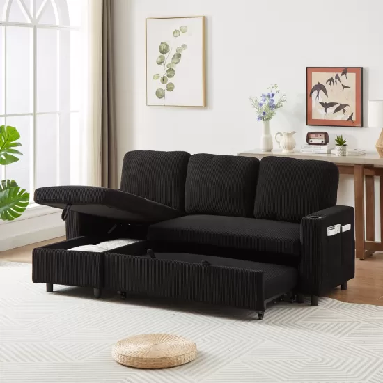 FX78.7 Inch Comfortable Corduroy L-Shaped Combo Sofa Bed, Living Room Furniture Set for Tight Spaces, Reversible Sleeper Combo Sofa with Pullout Bed, Reversible Sofa Bed for Living Room, W1926S00010 FX78.7 Inch Comfortable Corduroy L-Shaped Combo Sofa Bed, Living Room Furniture Set for Tight Spaces, Reversible Sleeper Combo Sofa with Pullout Bed, Reversible Sofa Bed for Living Room, W1926S00010