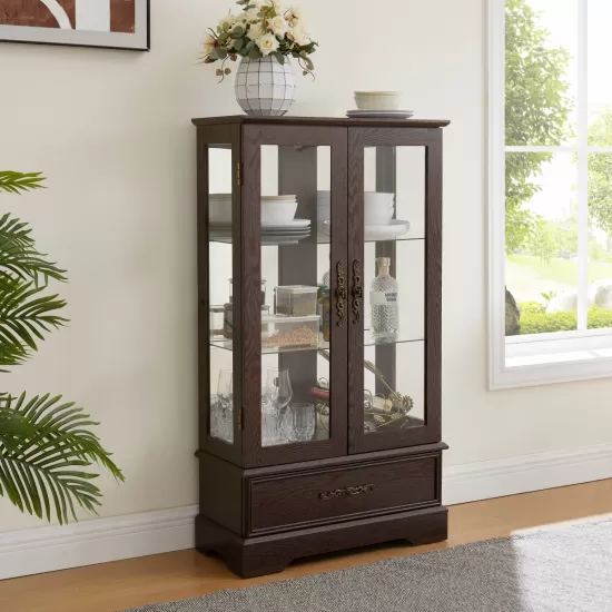 Glass Cabinet Lighted Glass Cabinet Curio Display Cabinet with Adjustable Glass Shelves 2 Doors and 1 drawer Cabinet Bulb Included Cherry Glass Cabinet Lighted Glass Cabinet Curio Display Cabinet with Adjustable Glass Shelves 2 Doors and 1 drawer Cabinet Bulb Included Cherry