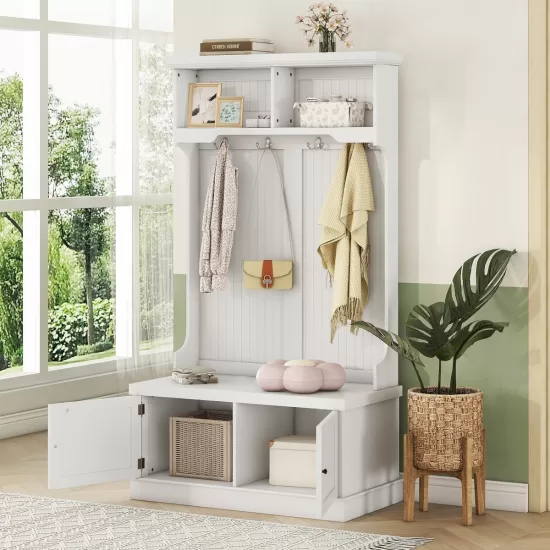 Hall Tree with Storage Shoe Bench for Entryway and Hallway, 4-in-1 Design Coat Racks with 4 Hooks for Living Room, White(Old SKU: W1307113678) Hall Tree with Storage Shoe Bench for Entryway and Hallway, 4-in-1 Design Coat Racks with 4 Hooks for Living Room, White(Old SKU: W1307113678)
