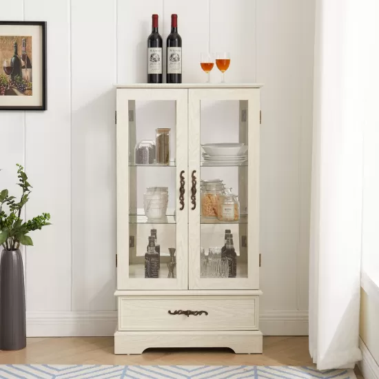 Glass Cabinet Lighted Glass Cabinet Curio Display Cabinet with Adjustable Glass Shelves 2 Doors and 1 drawer Cabinet Bulb Included White Glass Cabinet Lighted Glass Cabinet Curio Display Cabinet with Adjustable Glass Shelves 2 Doors and 1 drawer Cabinet Bulb Included White