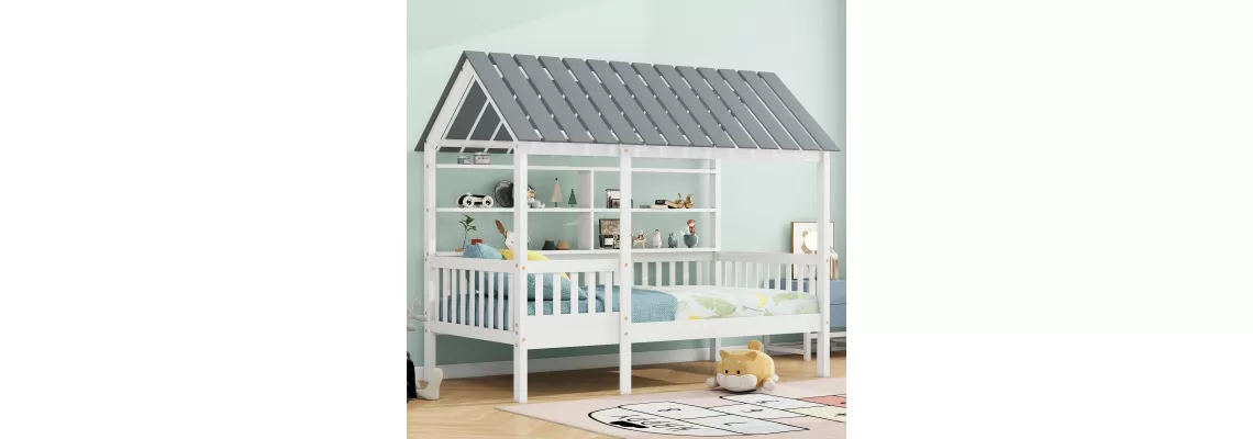 Modern White Wood Twin Size House Bed with Roof, Guardrail, and Shelves for Kids Modern White Wood Twin Size House Bed with Roof, Guardrail, and Shelves for Kids
