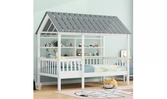 Modern White Wood Twin Size House Bed with Roof, Guardrail, and Shelves for Kids
