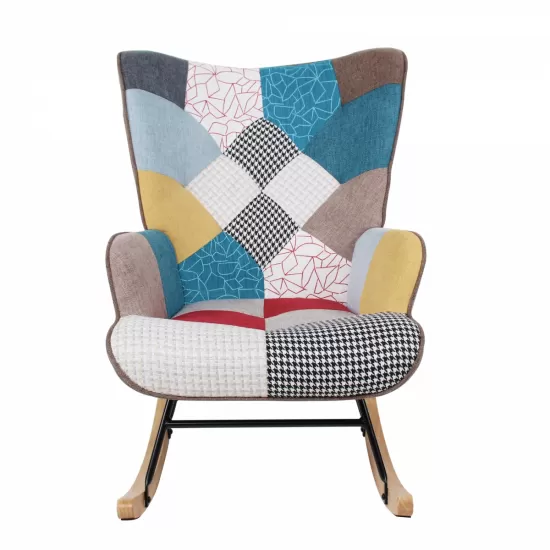 Rocking Chair with ottoman, Mid Century Fabric Rocker Chair with Wood Legs and Patchwork Linen for Livingroom Bedroom Rocking Chair with ottoman, Mid Century Fabric Rocker Chair with Wood Legs and Patchwork Linen for Livingroom Bedroom