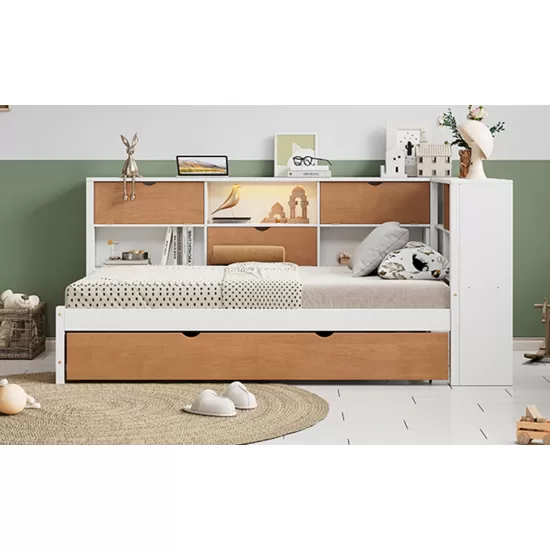 L-Shaped Bed Frame with Trundle and and Bookcase,Corner Bed Wooden Captain Bed with Led Downlight and USB Port for Small Room,Bedroom, Guest Room, Twin Size, Walnut and White L-Shaped Bed Frame with Trundle and and Bookcase,Corner Bed Wooden Captain Bed with Led Downlight and USB Port for Small Room,Bedroom, Guest Room, Twin Size, Walnut and White