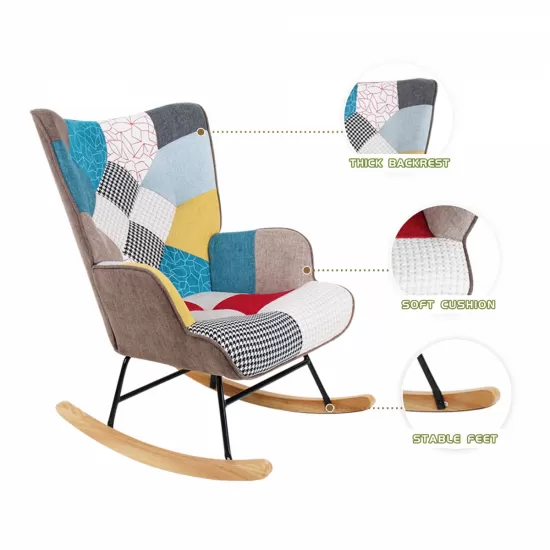 Rocking Chair with ottoman, Mid Century Fabric Rocker Chair with Wood Legs and Patchwork Linen for Livingroom Bedroom Rocking Chair with ottoman, Mid Century Fabric Rocker Chair with Wood Legs and Patchwork Linen for Livingroom Bedroom