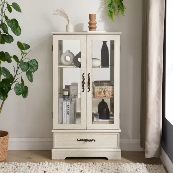 Glass Cabinet Lighted Glass Cabinet Curio Display Cabinet with Adjustable Glass Shelves 2 Doors and 1 drawer Cabinet Bulb Included White Glass Cabinet Lighted Glass Cabinet Curio Display Cabinet with Adjustable Glass Shelves 2 Doors and 1 drawer Cabinet Bulb Included White