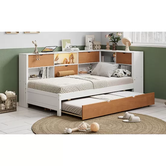 L-Shaped Bed Frame with Trundle and and Bookcase,Corner Bed Wooden Captain Bed with Led Downlight and USB Port for Small Room,Bedroom, Guest Room, Twin Size, Walnut and White L-Shaped Bed Frame with Trundle and and Bookcase,Corner Bed Wooden Captain Bed with Led Downlight and USB Port for Small Room,Bedroom, Guest Room, Twin Size, Walnut and White