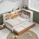 L-Shaped Bed Frame with Trundle and and Bookcase,Corner Bed Wooden Captain Bed with Led Downlight and USB Port for Small Room,Bedroom, Guest Room, Twin Size, Walnut and White L-Shaped Bed Frame with Trundle and and Bookcase,Corner Bed Wooden Captain Bed with Led Downlight and USB Port for Small Room,Bedroom, Guest Room, Twin Size, Walnut and White