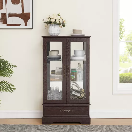 Glass Cabinet Lighted Glass Cabinet Curio Display Cabinet with Adjustable Glass Shelves 2 Doors and 1 drawer Cabinet Bulb Included Cherry Glass Cabinet Lighted Glass Cabinet Curio Display Cabinet with Adjustable Glass Shelves 2 Doors and 1 drawer Cabinet Bulb Included Cherry