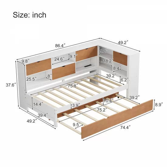 L-Shaped Bed Frame with Trundle and and Bookcase,Corner Bed Wooden Captain Bed with Led Downlight and USB Port for Small Room,Bedroom, Guest Room, Twin Size, Walnut and White L-Shaped Bed Frame with Trundle and and Bookcase,Corner Bed Wooden Captain Bed with Led Downlight and USB Port for Small Room,Bedroom, Guest Room, Twin Size, Walnut and White
