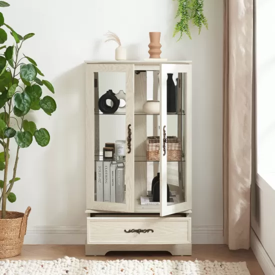 Glass Cabinet Lighted Glass Cabinet Curio Display Cabinet with Adjustable Glass Shelves 2 Doors and 1 drawer Cabinet Bulb Included White Glass Cabinet Lighted Glass Cabinet Curio Display Cabinet with Adjustable Glass Shelves 2 Doors and 1 drawer Cabinet Bulb Included White