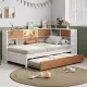 L-Shaped Bed Frame with Trundle and and Bookcase,Corner Bed Wooden Captain Bed with Led Downlight and USB Port for Small Room,Bedroom, Guest Room, Twin Size, Walnut and White L-Shaped Bed Frame with Trundle and and Bookcase,Corner Bed Wooden Captain Bed with Led Downlight and USB Port for Small Room,Bedroom, Guest Room, Twin Size, Walnut and White