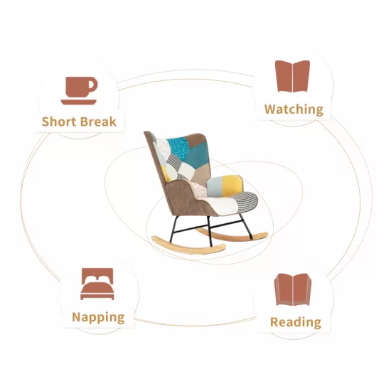 Rocking Chair with ottoman, Mid Century Fabric Rocker Chair with Wood Legs and Patchwork Linen for Livingroom Bedroom Rocking Chair with ottoman, Mid Century Fabric Rocker Chair with Wood Legs and Patchwork Linen for Livingroom Bedroom